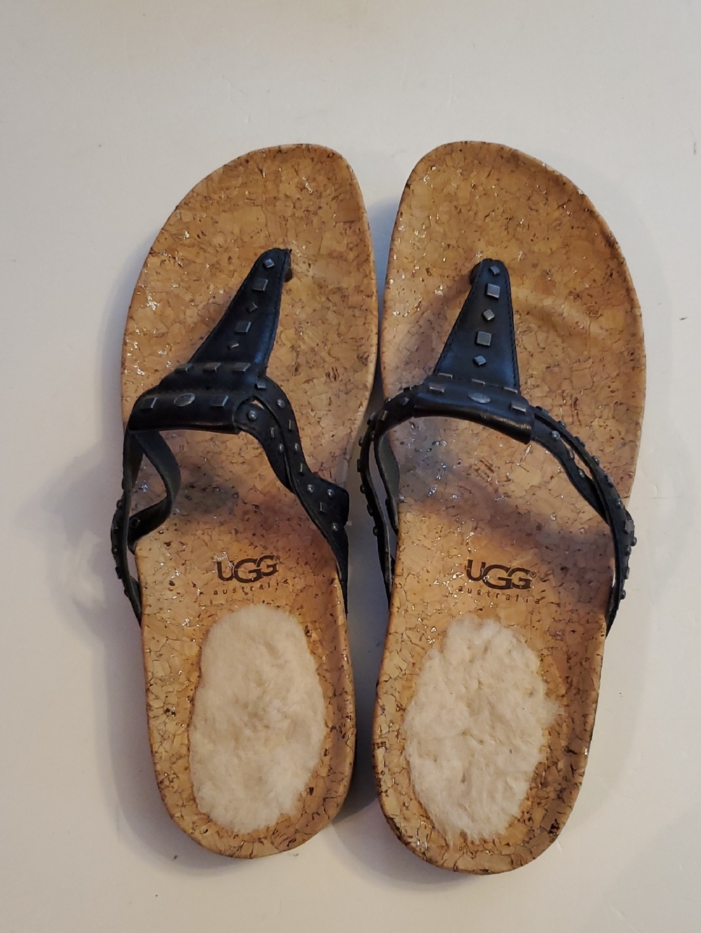 UGG Black Studded Cork Thong Sandals with Shearling Inset